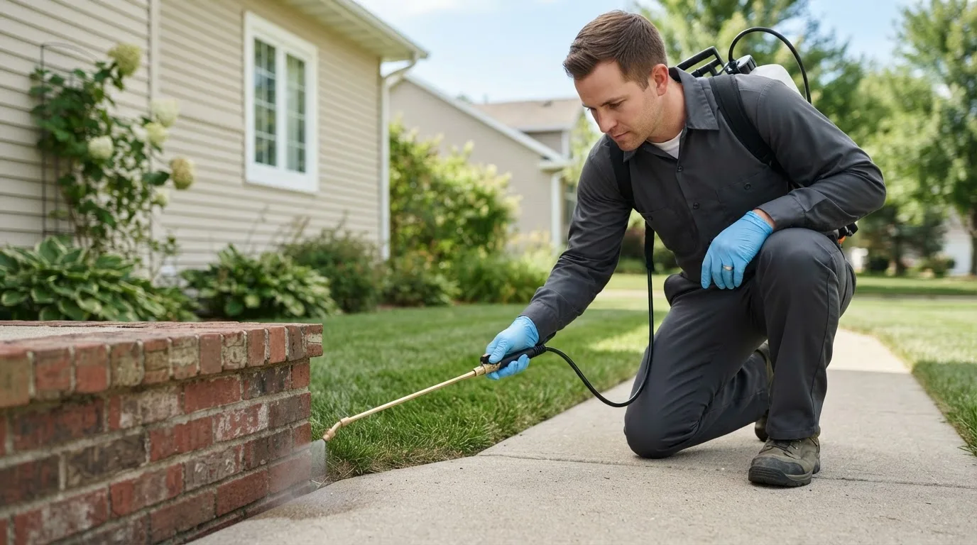 Pest control technician treating a home near Benton, WI
